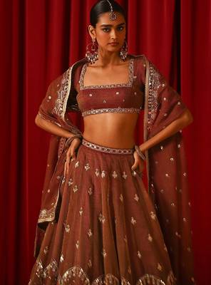 Women’s Semi-Stitched Orange Fandy Silk Zari & Sequin Embroidered Lehenga Choli with Fandy Silk Dupatta 2