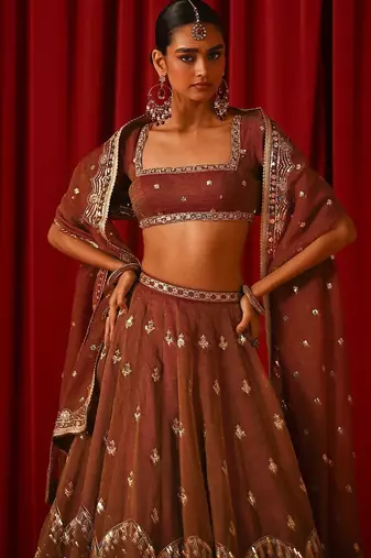 Women’s Semi-Stitched Orange Fandy Silk Zari & Sequin Embroidered Lehenga Choli with Fandy Silk Dupatta