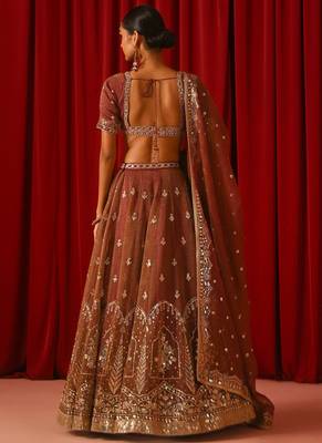 Women’s Semi-Stitched Orange Fandy Silk Zari & Sequin Embroidered Lehenga Choli with Fandy Silk Dupatta 3