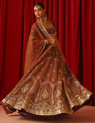 Women’s Semi-Stitched Orange Fandy Silk Zari & Sequin Embroidered Lehenga Choli with Fandy Silk Dupatta 4