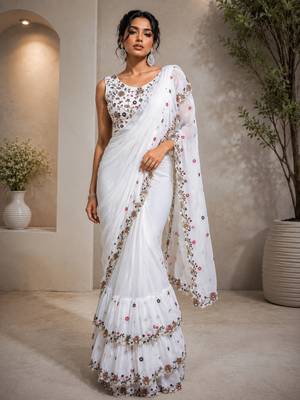 Women's Georgette Sequence Embroidered Ruffle Saree with Designer Sleeveless Embroidered Blouse 1