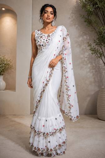 Women's Georgette Sequence Embroidered Ruffle Saree with Designer Sleeveless Embroidered Blouse