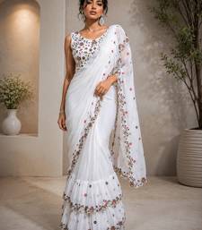 Women's Georgette Sequence Embroidered Ruffle Saree with Designer Sleeveless Embroidered Blouse