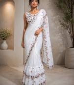 Women's Georgette Sequence Embroidered Ruffle Saree with Designer Sleeveless Embroidered Blouse