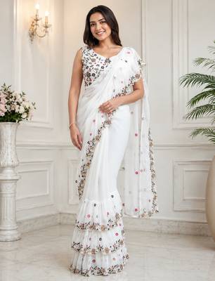 Women's Georgette Sequence Embroidered Ruffle Saree with Designer Sleeveless Embroidered Blouse 2