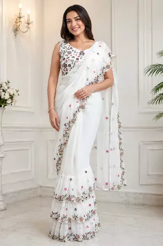 Women's Georgette Sequence Embroidered Ruffle Saree with Designer Sleeveless Embroidered Blouse