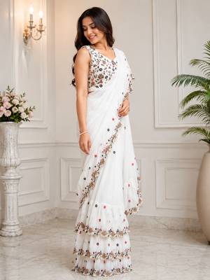 Women's Georgette Sequence Embroidered Ruffle Saree with Designer Sleeveless Embroidered Blouse 4
