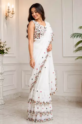 Women's Georgette Sequence Embroidered Ruffle Saree with Designer Sleeveless Embroidered Blouse