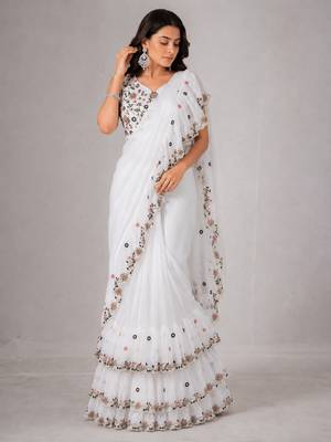 Women's Georgette Sequence Embroidered Ruffle Saree with Designer Sleeveless Embroidered Blouse 5
