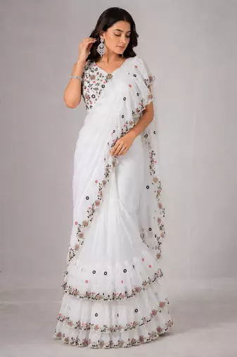 Women's Georgette Sequence Embroidered Ruffle Saree with Designer Sleeveless Embroidered Blouse