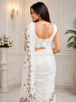 Women's Georgette Sequence Embroidered Ruffle Saree with Designer Sleeveless Embroidered Blouse 6