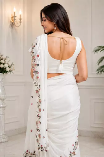 Women's Georgette Sequence Embroidered Ruffle Saree with Designer Sleeveless Embroidered Blouse