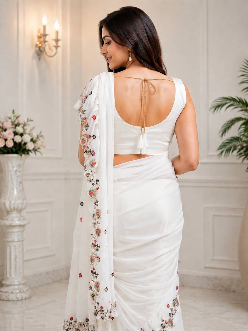 Women's Georgette Sequence Embroidered Ruffle Saree with Designer Sleeveless Embroidered Blouse