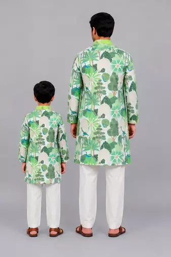 Sage green printed cotton silk Men Kurta Set