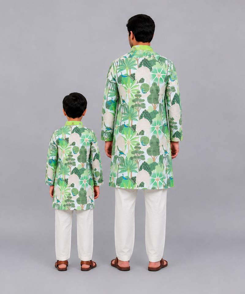 Sage green printed cotton silk Men Kurta Set