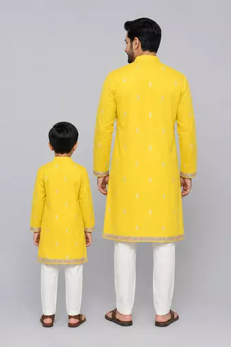 Mustard yellow white printed cotton kurta set