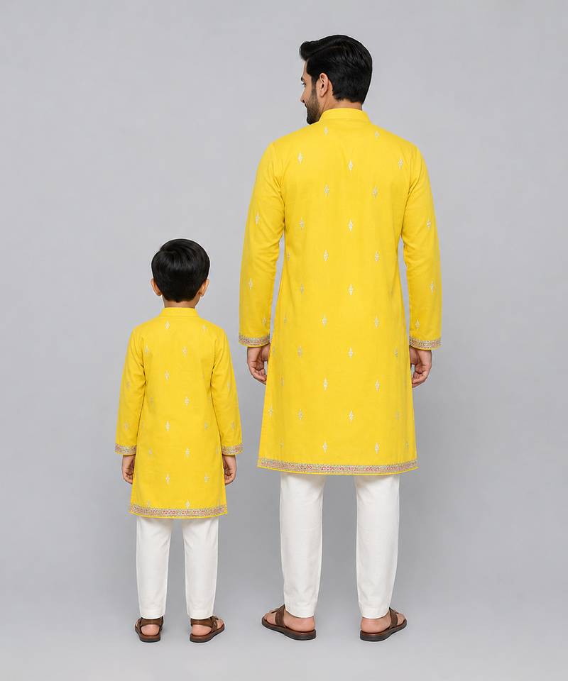 Mustard yellow white printed cotton kurta set