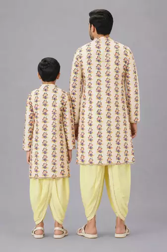 Off white printed cotton silk yellow dhoti kurta set
