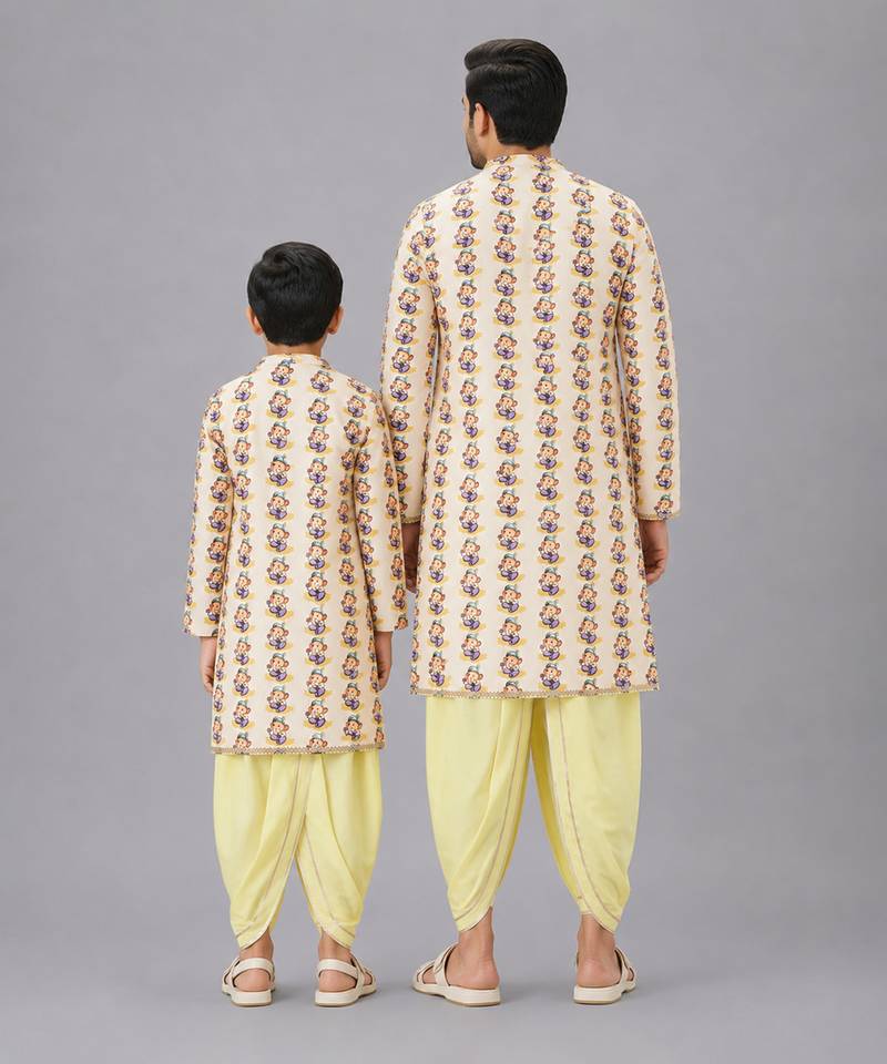 Off white printed cotton silk yellow dhoti kurta set
