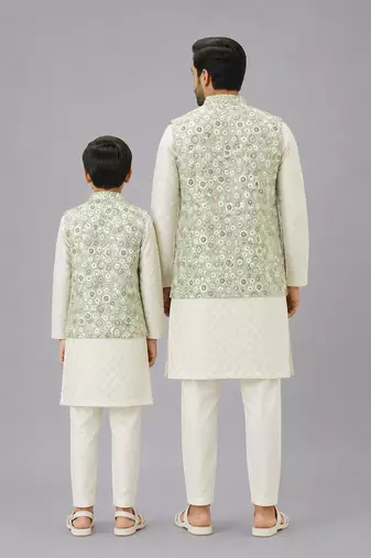 Ivory embroidered georgette sage green Men nehru jacket set