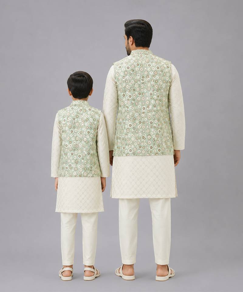 Ivory embroidered georgette sage green Men nehru jacket set