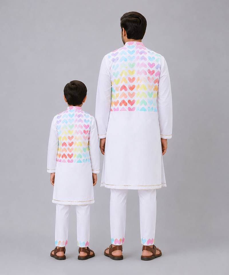 White heart printed cotton kurta set
