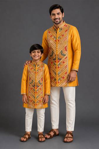 Mustard yellow embroidered cotton silk kurta set
