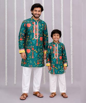 Teal green printed cotton silk Men Kurta Set 1
