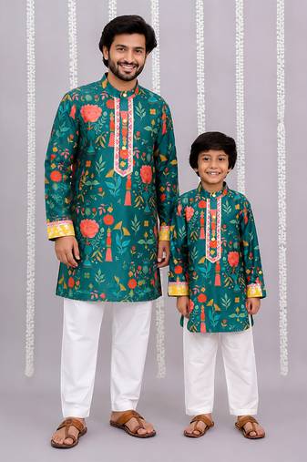 Teal green printed cotton silk kurta set