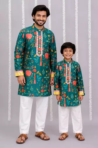 Teal green printed cotton silk Men Kurta Set