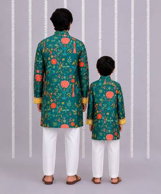 Teal green printed cotton silk Men Kurta Set 2