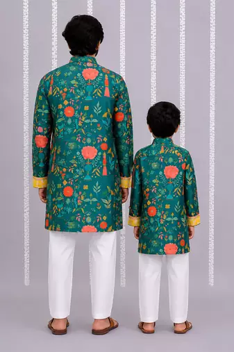 Teal green printed cotton silk Men Kurta Set