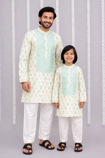 Ivory blue printed cotton silk kurta set