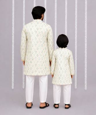 Ivory blue printed cotton silk Men Kurta Set 2