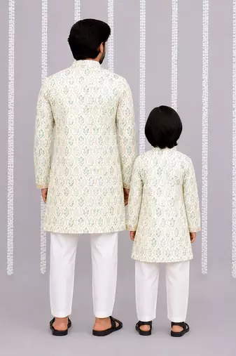 Ivory blue printed cotton silk Men Kurta Set