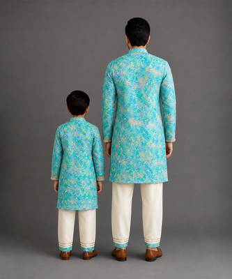 Aqua blue printed cotton silk Men Kurta Set 2