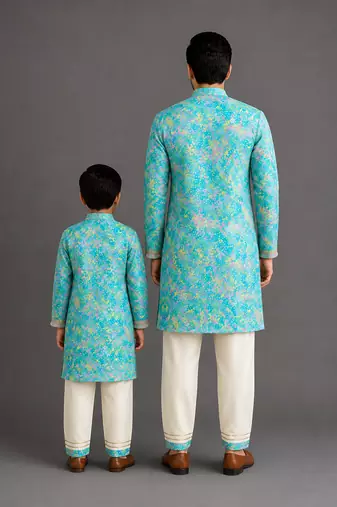 Aqua blue printed cotton silk Men Kurta Set