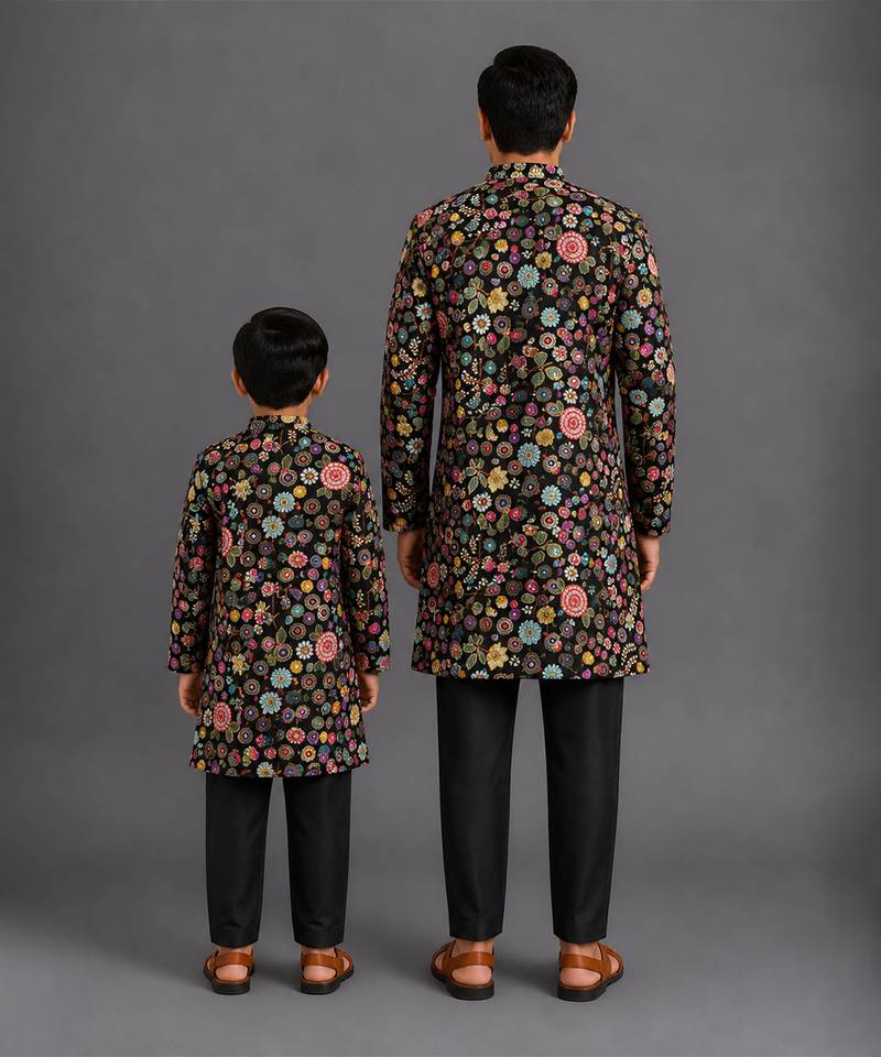 Black embroidered cotton silk Men Bandhgala and Pant