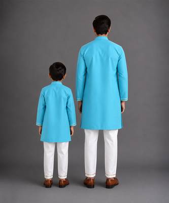 Turquoise blue embroidered cotton silk Men Kurta Set 2