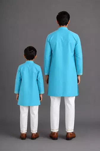 Turquoise blue embroidered cotton silk Men Kurta Set