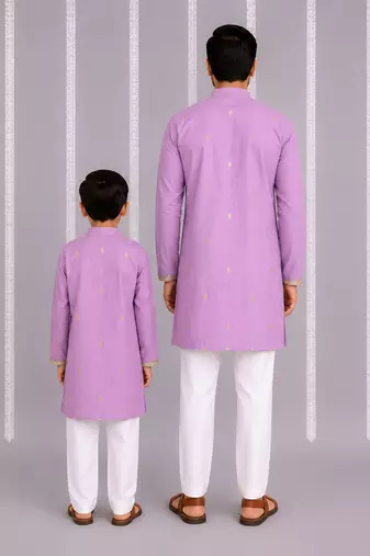 Lavender floral printed cotton silk Men Kurta Set