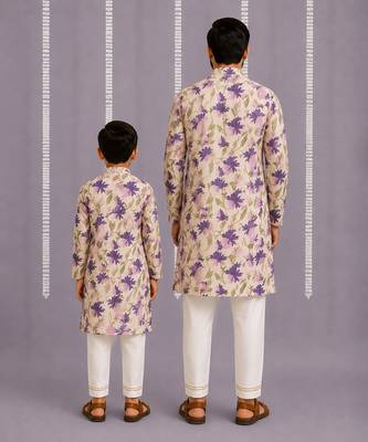 Purple off white printed cotton silk Men Kurta Set 2