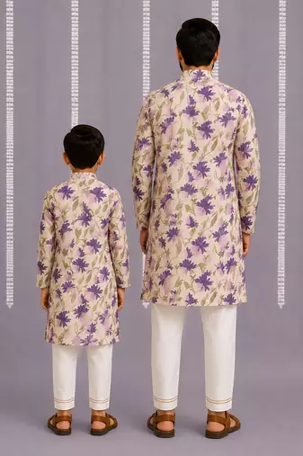 Purple off white printed cotton silk Men Kurta Set