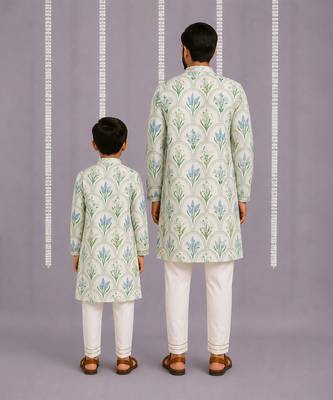 Powder blue floral printed cotton silk Men Kurta Set 2
