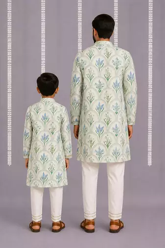 Powder blue floral printed cotton silk Men Kurta Set