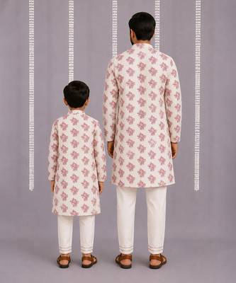 Off white purple printed cotton silk Men Kurta Set 2