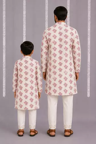 Off white purple printed cotton silk Men Kurta Set