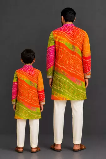Multicolor printed cotton silk Men Kurta Set