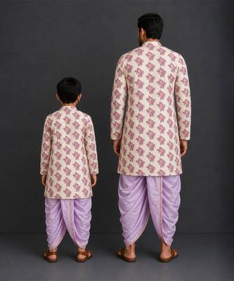 Off white purple printed cotton silk Men dhoti Kurta Set 2