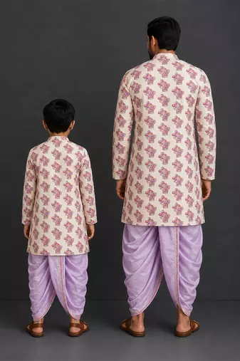Off white purple printed cotton silk dhoti kurta set